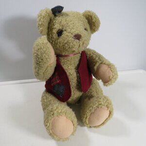 Girl Teddy Bear with sewn plaid hair bow & vest